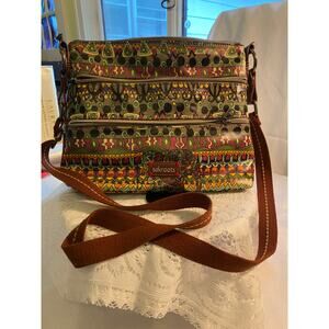 Sak roots brand Peace Nature Crossbody Bag / Purse with Four Zippered Pockets.
